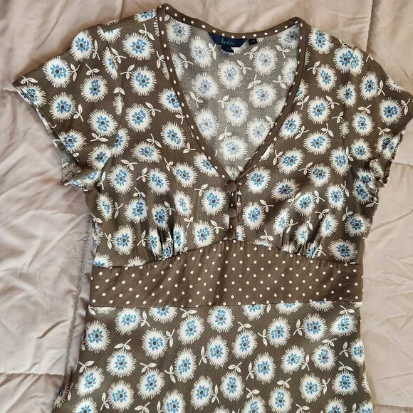 Boden Empire Waist Midi Dress Brown Blue Polka Dot Floral - Picture 10 of 11